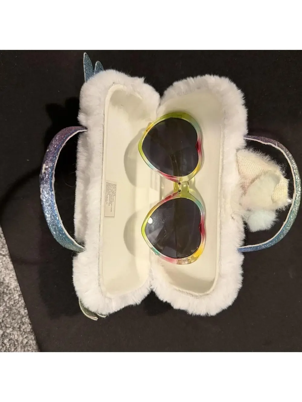 White Unicorn Plush Sun Glasses Case with Silver Handles and Glitter Wings